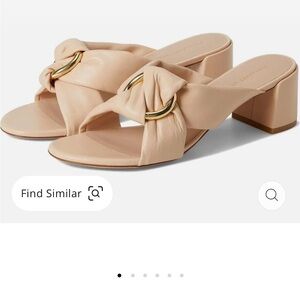 Stuart Weitzman Cece Block Slide (Nude Knot Leather with Gold Ring)